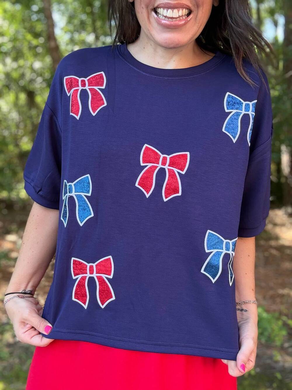 NEW JESS LEA bowtiful luxe top in red, white , blue